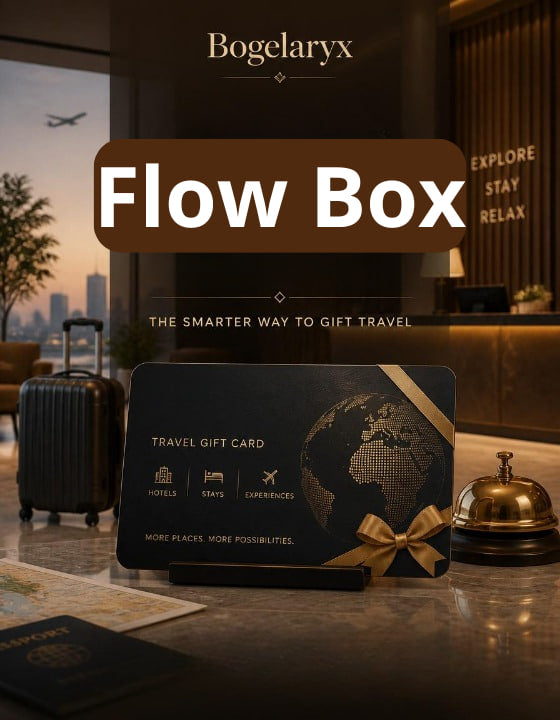 Travel gift card on a stand with 'Bogelaryx' branding and 'Flow Box' text in a hotel setting.
