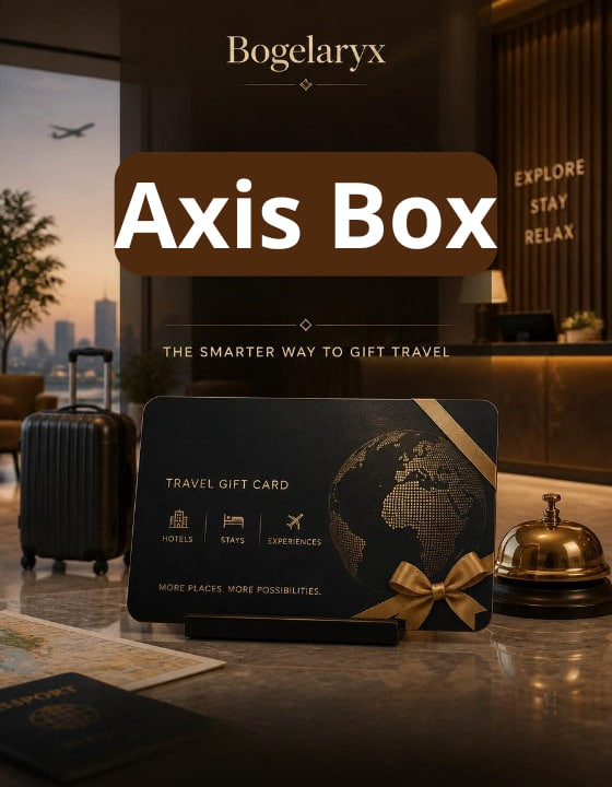 Bogelaryx Axis Box travel gift card with a suitcase and bellhop stand in the background.