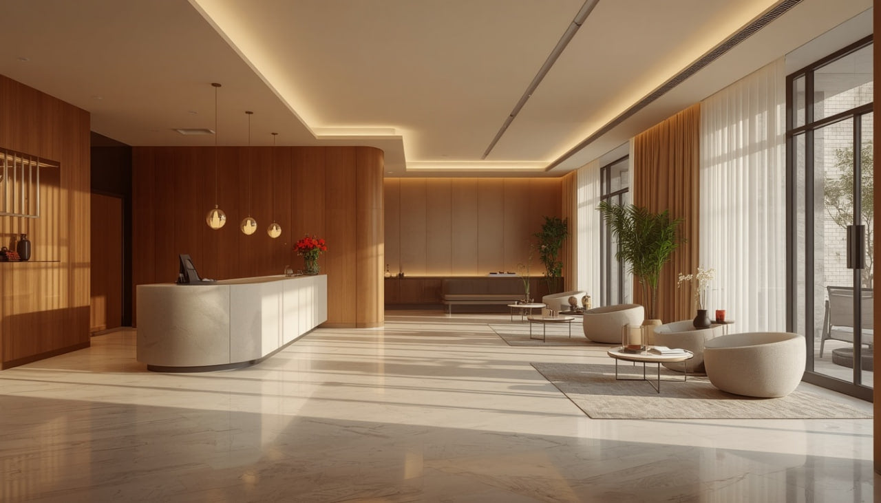 Modern interior design of a lobby with reception desk and seating area.