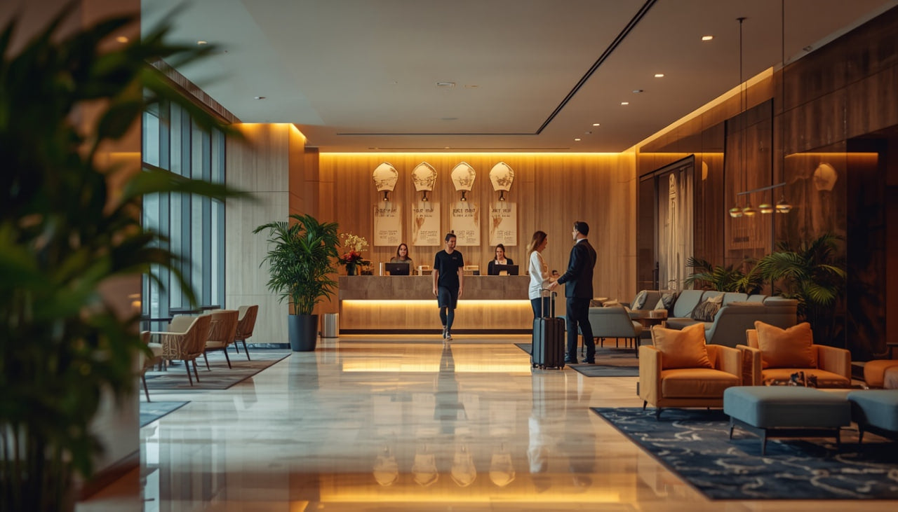 Modern hotel lobby with reception desk and guests interacting.