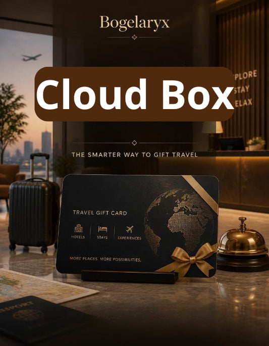 Travel gift card on a counter with 'Bogelaryx Cloud Box' branding.