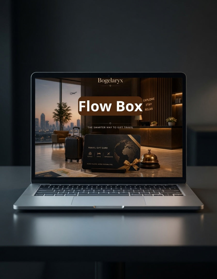 Laptop displaying a Bogelaryx Flow Box on a dark surface