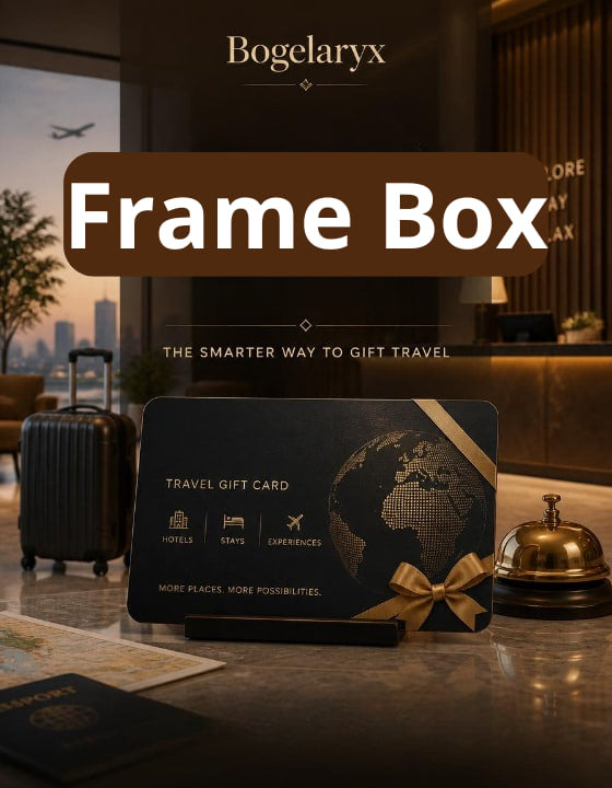 Bogelaryx travel gift card frame box with a suitcase and bellhop stand in the background.