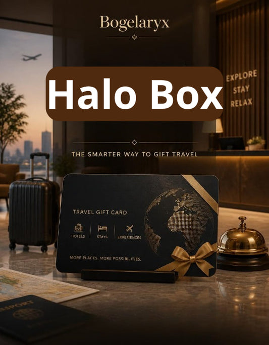 Bogelaryx Halo Box travel gift card on a counter with a suitcase and bell in the background