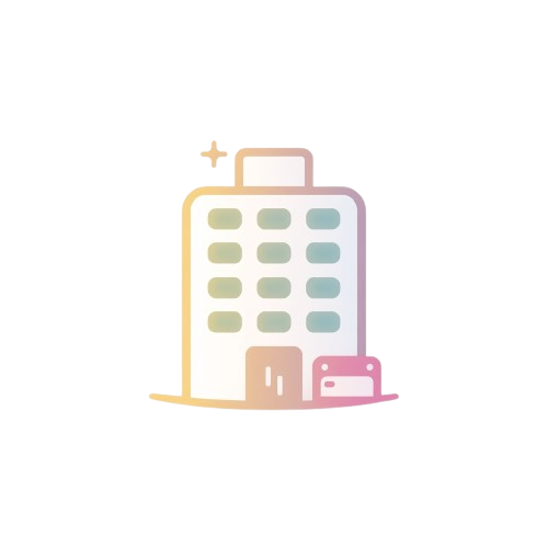 Colorful icon of a building with a plus sign on a white background