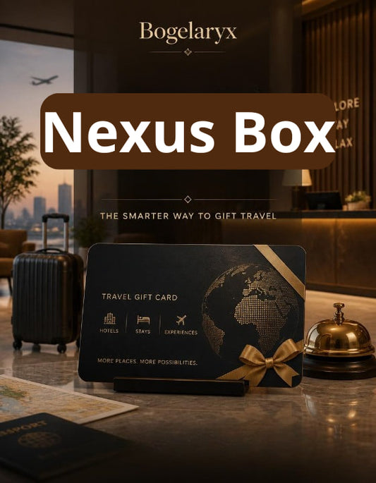 Bogelaryx Nexus Box travel gift card on a counter with a suitcase and bell in the background