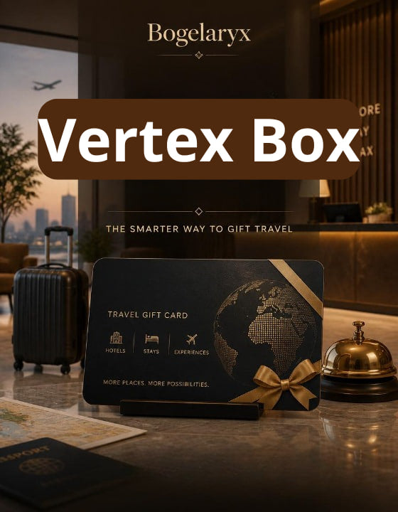 Travel gift card with 'Bogelaryx Vertex Box' branding in a hotel setting.